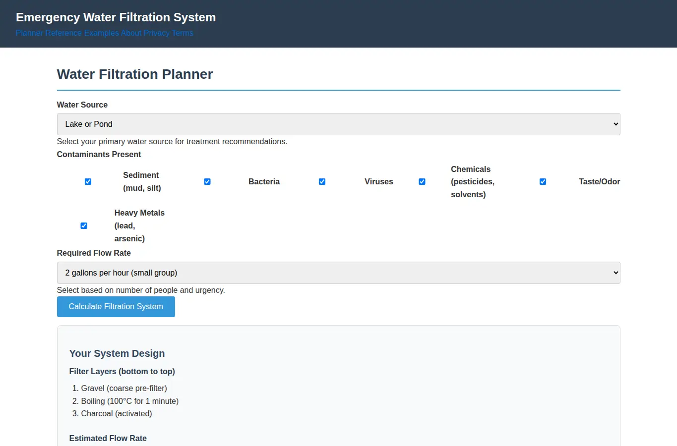 Screenshot of Emergency Water Filtration System interface showing the project page in use